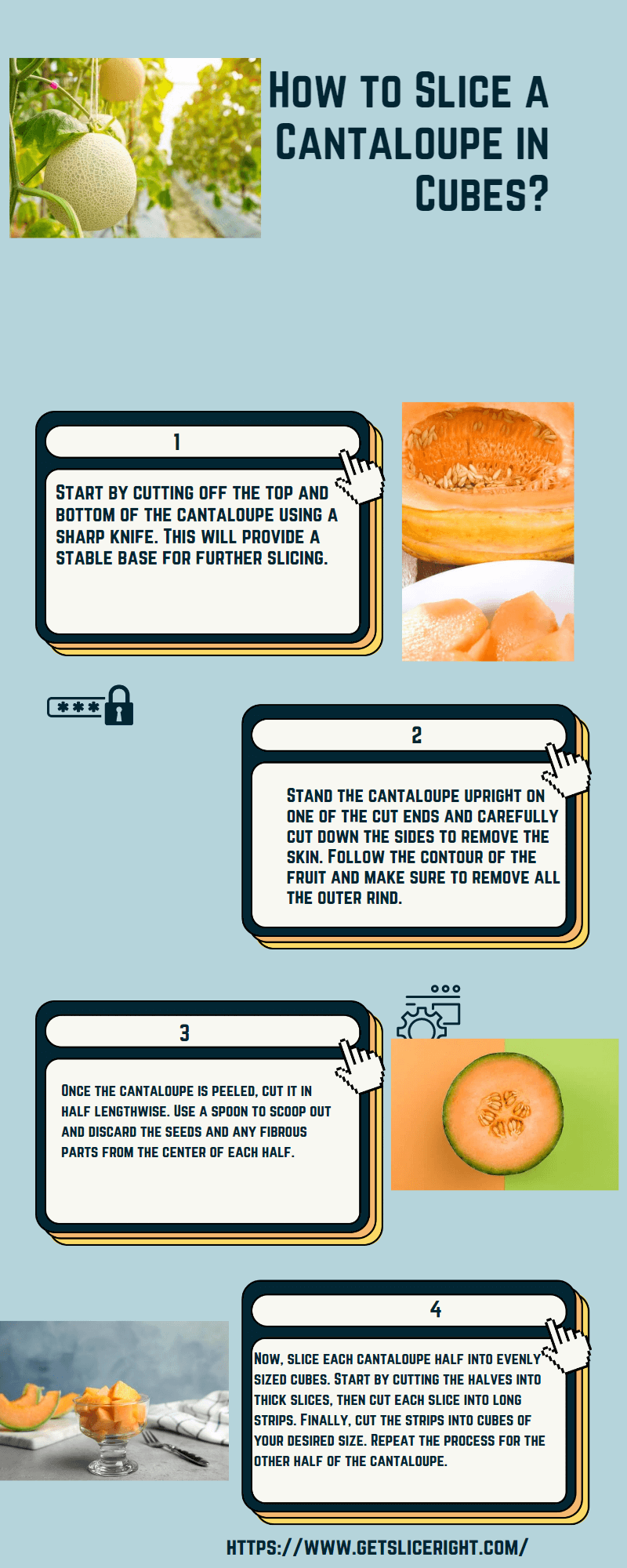 How to slice a cantaloupe in cubes - Getsliceright Infographic
