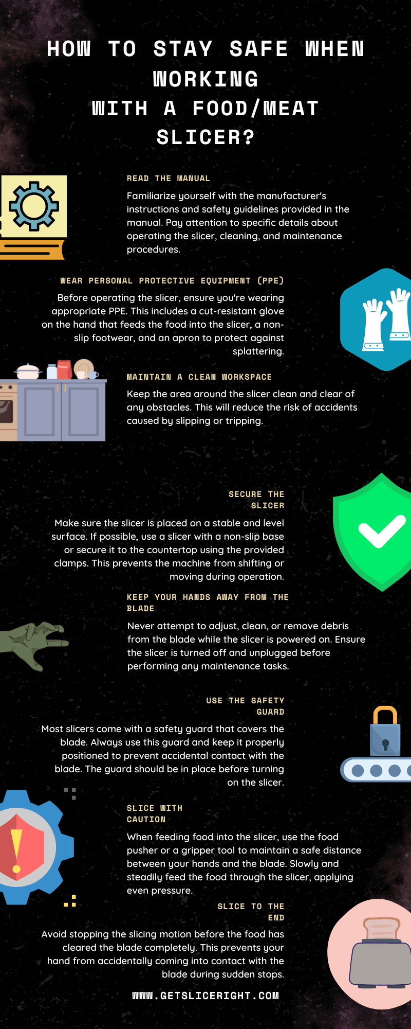How to stay safe when working with a foodmeat slicer - infographics