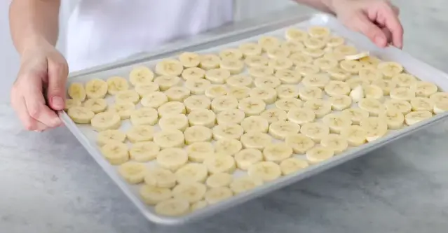 Put the banana slices in a freezer-safe bag or container and freeze them Freeze the Bananas